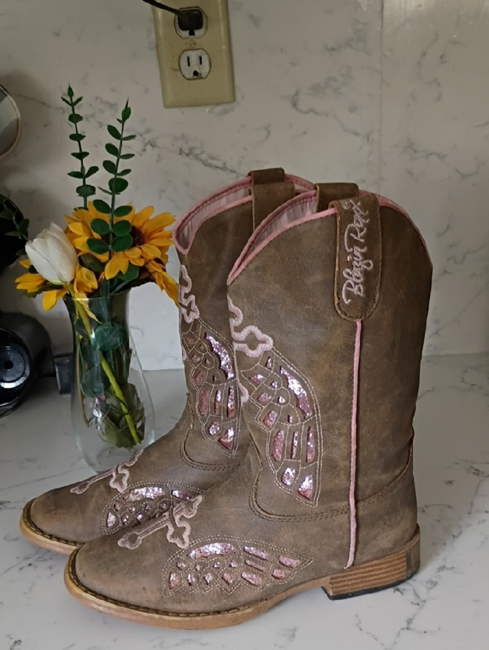 Blazin Roxx Brown Leatherette Cowgirl Boots with Pink Accents
